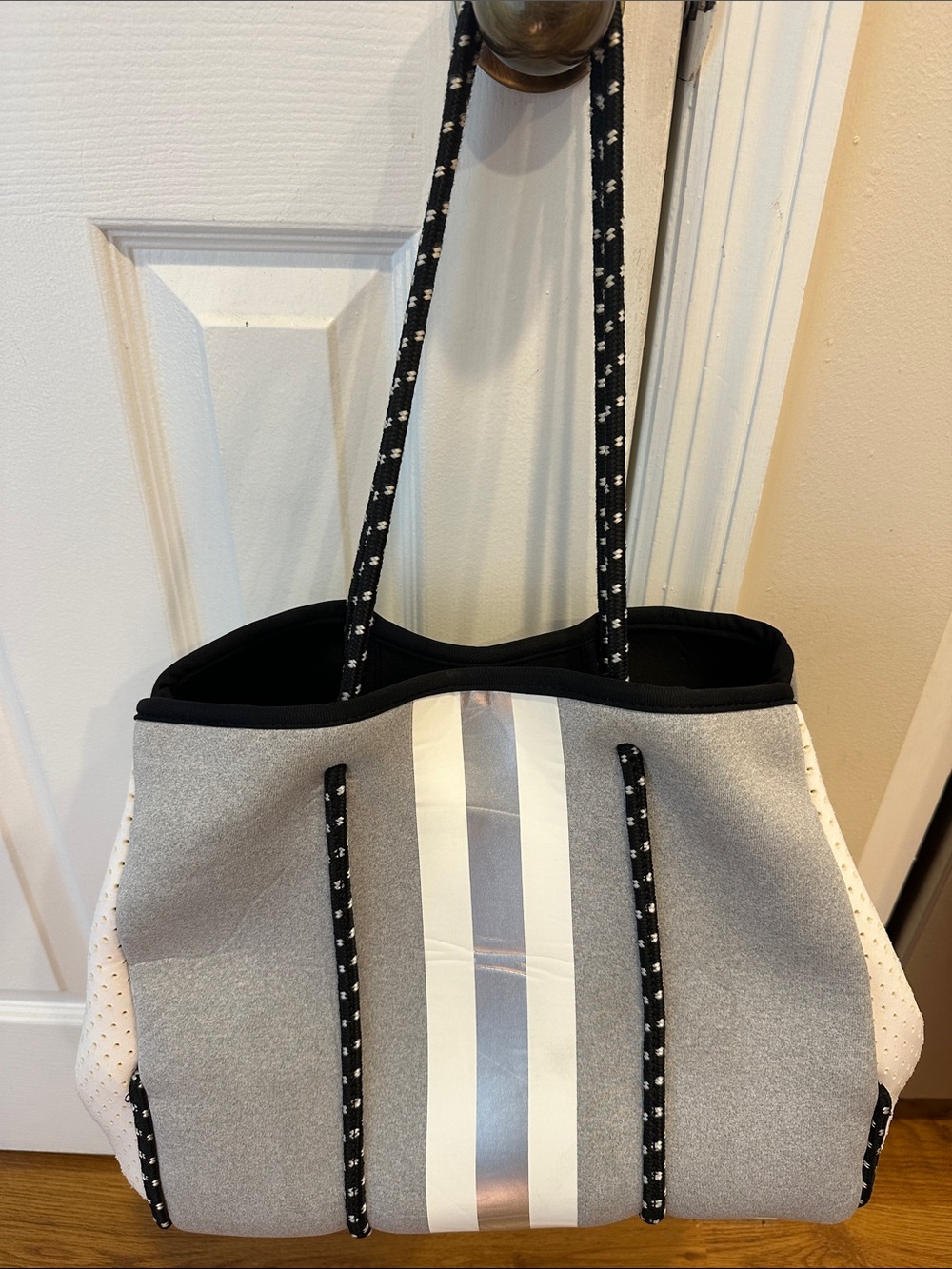 Gray and Silver Stripe Neoprene Tote Bag with Black Handles